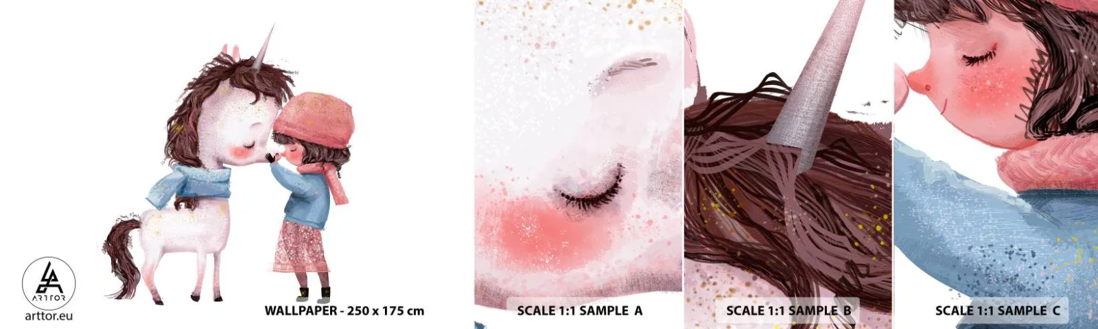 Provbit av självhäftande fototapet Deluxe Sticker - Vintersaga - För barn, Enhörning, Flicka - 100x30 cm