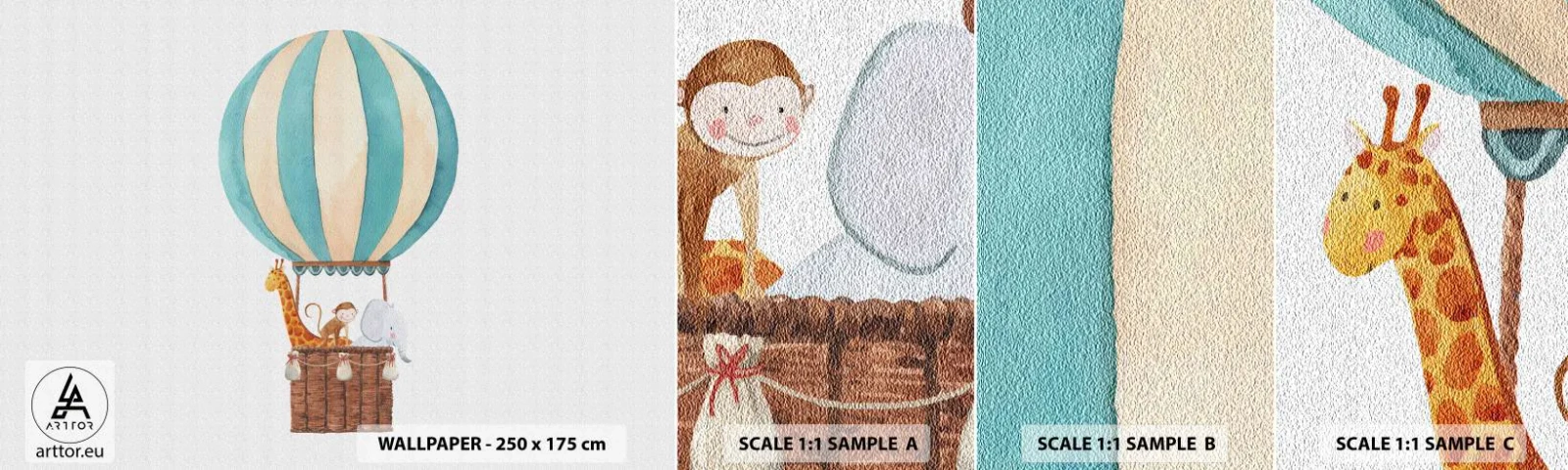 Provbit av självhäftande fototapet Deluxe Sticker - Fantastisk resa - Ballong, För barn, Årgång - 100x30 cm