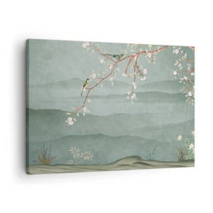 Canvastavla - Bild på duk - En pittoresk bild av en blommande trädgren med fåglar mot en bakgrund av gröna kullar. - 70x50cm - Vår, ah, det är du - Modern väggdekoration för vardagsrum och sovrum ARTTOR