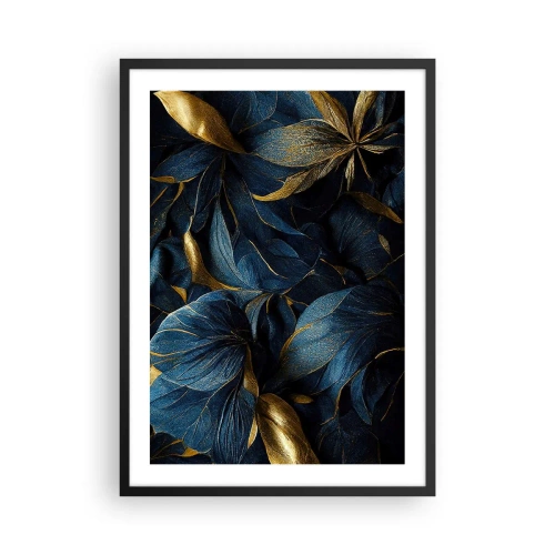 Affisch i svart ram - Gyllene blad mot en djup marinblå bakgrund - 50x70cm - Fodrad med guld - Modern väggdekoration för vardagsrum och sovrum ARTTOR