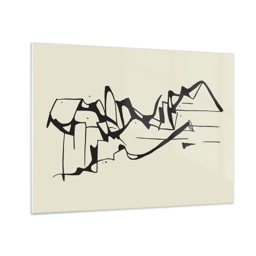 Glastavla - Bild på glas - Abstrakt svartvit linje som bildar konturerna av ett landskap - 70x50cm - Kanske ett landskap - Modern väggdekoration för vardagsrum och sovrum ARTTOR