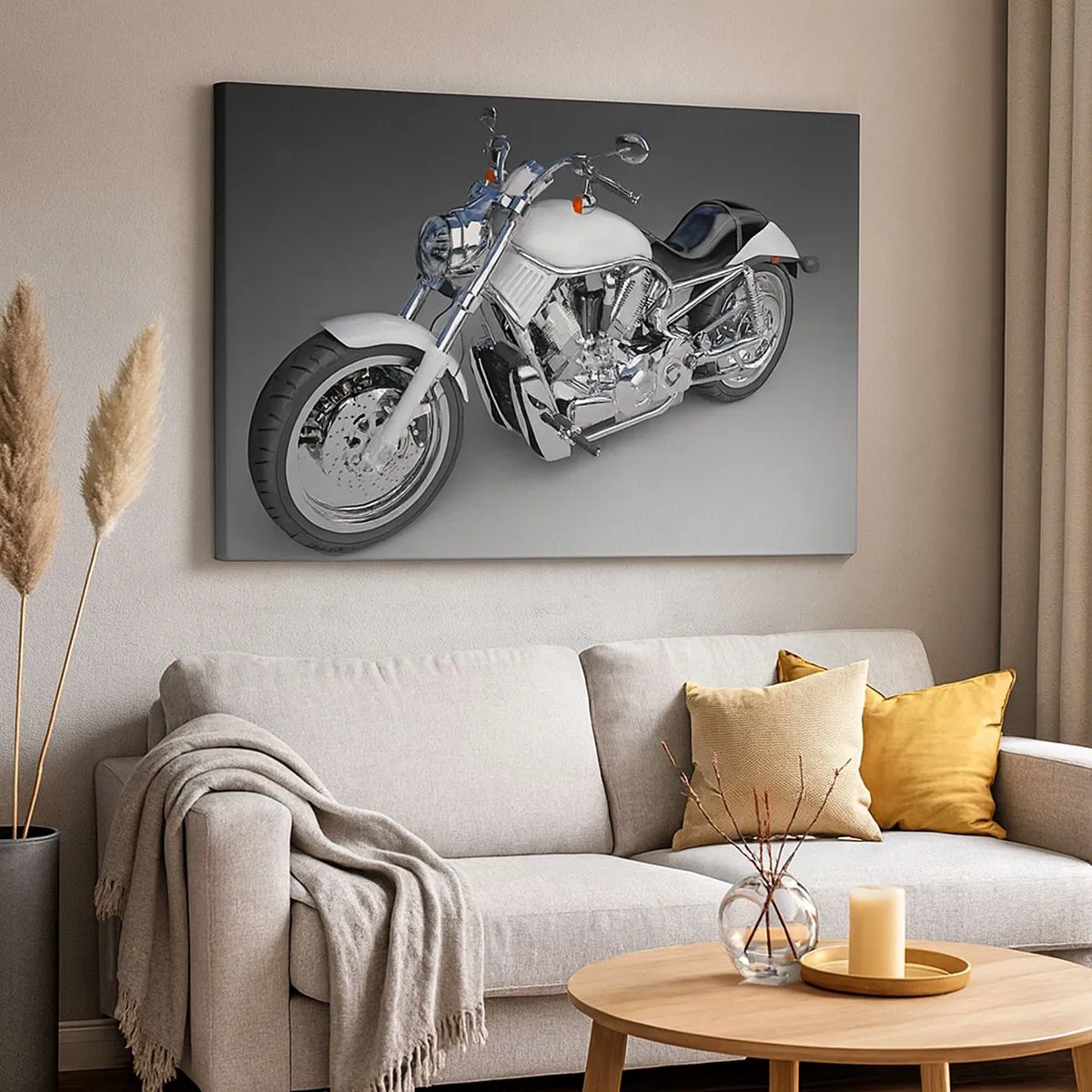 Canvastavla - Bild på duk - Vit cruiser motorcykel på en grå bakgrund - 70x50cm - Man vill lägga sig knäna - Modern väggdekoration för vardagsrum och sovrum ARTTOR