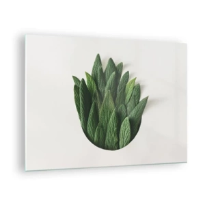 Glastavla - Bild på glas - Gröna blad arrangerade i form av en vas på en vit bakgrund - 70x50cm - Ostoppbar nyfikenhet - Modern väggdekoration för vardagsrum och sovrum ARTTOR