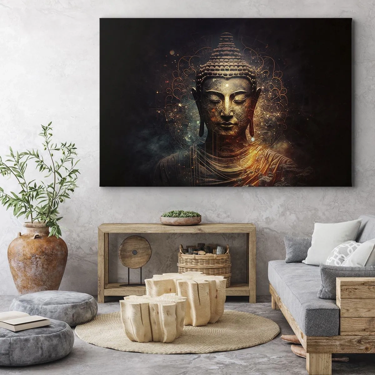 Canvastavla - Bild på duk - Gyllene Buddha på en mörk bakgrund med ornament - 70x50cm - Andlig balans - Modern väggdekoration för vardagsrum och sovrum ARTTOR