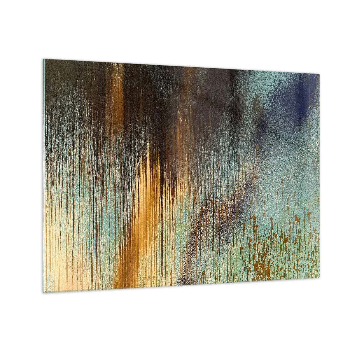 Glastavla - Bild på glas - Abstrakta linjer och fläckar i guld, blått och svart - 70x50cm - En oavsiktlig färgglad komposition - Modern väggdekoration för vardagsrum och sovrum ARTTOR