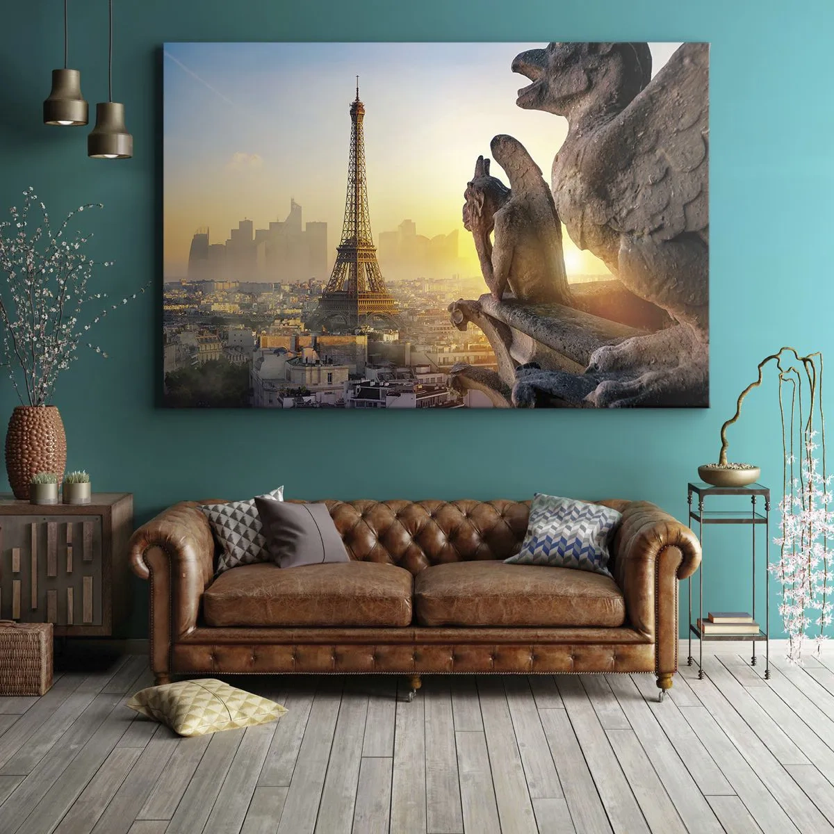 Canvastavla - Bild på duk - Vy över Eiffeltornet med gargoyler i bakgrunden - 70x50cm - En hel del har ändrats… - Modern väggdekoration för vardagsrum och sovrum ARTTOR