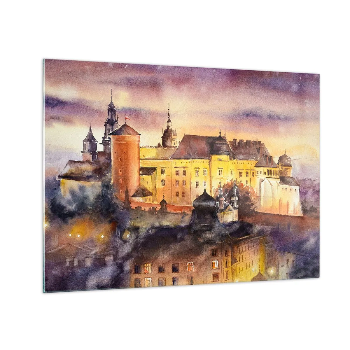 Glastavla - Bild på glas - Akvarell illustration av ett slott på en kulle vid solnedgången - 70x50cm - En historia och en berättelse - Modern väggdekoration för vardagsrum och sovrum ARTTOR