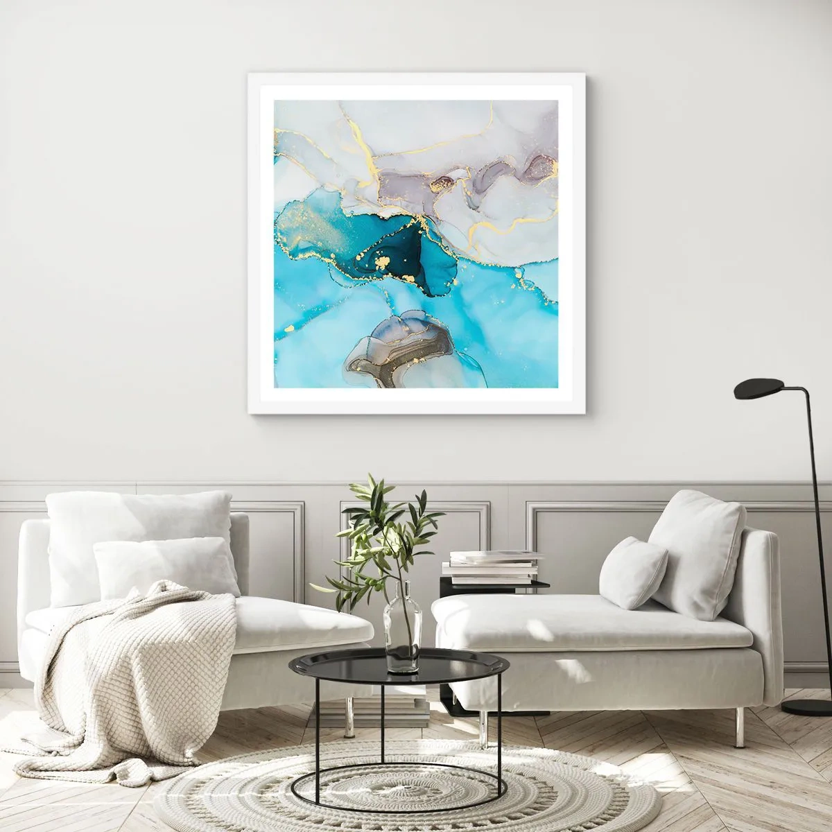 Affisch i vit ram - Studie över mötet mellan grå och turkos - 60x60 cm