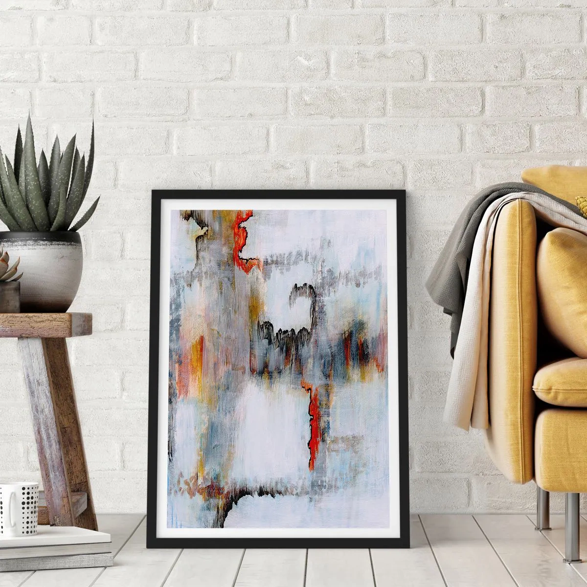 Affisch i svart ram - En abstrakt komposition med nyanser av grått och röda accenter. - 50x70cm - Med pinne på vatten - Modern väggdekoration för vardagsrum och sovrum ARTTOR