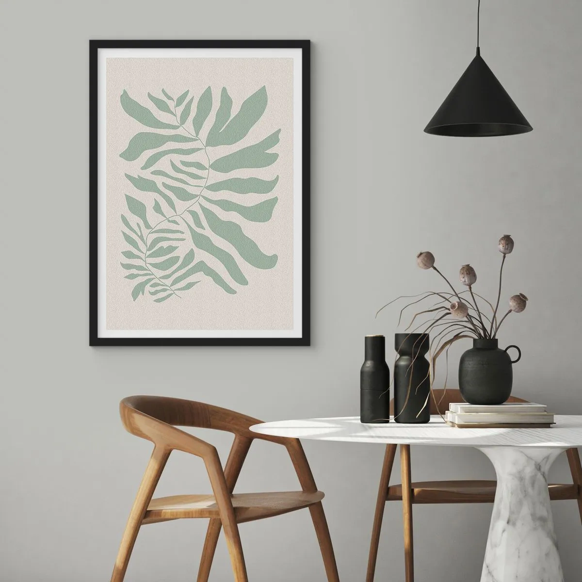 Affisch i svart ram - En minimalistisk växtillustration i nyanser av grönt - 50x70cm - Smaragdgrön gren - Modern väggdekoration för vardagsrum och sovrum ARTTOR