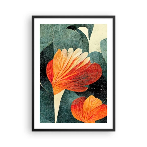 Affisch i svart ram - Abstrakta blommor i nyanser av orange och grönt - 50x70cm - Värmen i tropikerna och svalkan i grönskan - Modern väggdekoration för vardagsrum och sovrum ARTTOR
