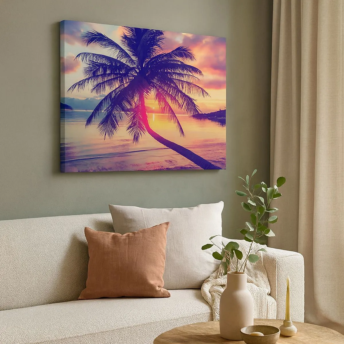 Canvastavla - Bild på duk - Solnedgång med en palm över en lugn strand - 70x50cm - Kväll under palmerna - Modern väggdekoration för vardagsrum och sovrum ARTTOR