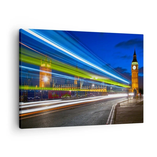 Canvastavla - Bild på duk - Big Ben på natten med effekten av ljus i gatutrafiken - 70x50cm - Under Big Bens uppsikt - Modern väggdekoration för vardagsrum och sovrum ARTTOR