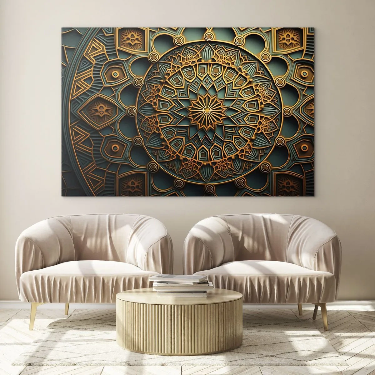 Glastavla - Bild på glas - Guld- och turkosprydnad i stil med en arabisk mosaik - 70x50cm - I ett arabiskt klimat - Modern väggdekoration för vardagsrum och sovrum ARTTOR