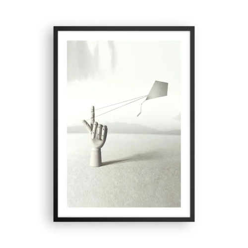 Affisch i svart ram - En trähand med en drake mot en ljus bakgrund - 50x70cm - Test av styrka - Modern väggdekoration för vardagsrum och sovrum ARTTOR