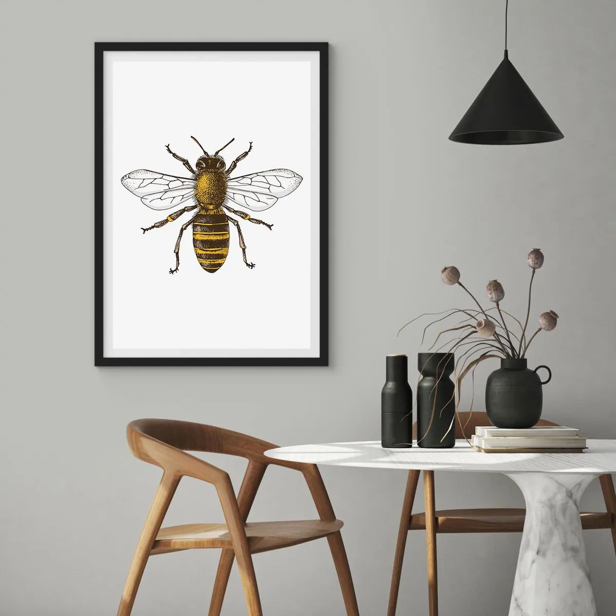 Affisch i svart ram - Vintage bi detalj illustration - 50x70cm - Vackert och bra - Modern väggdekoration för vardagsrum och sovrum ARTTOR