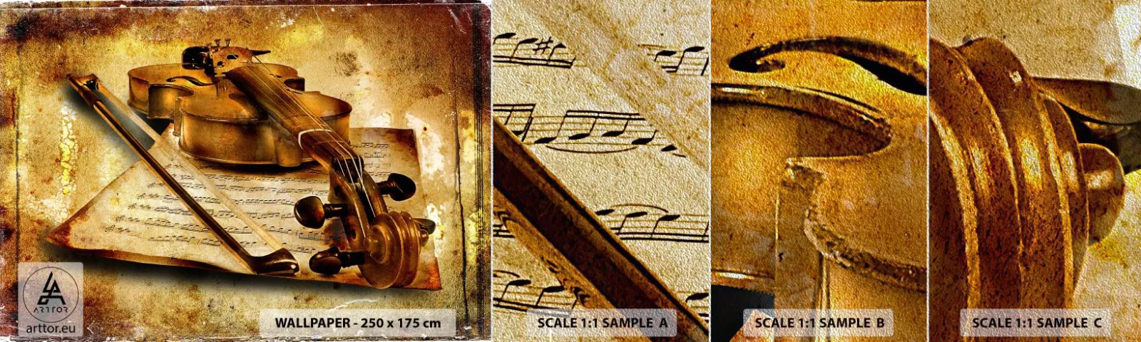 Provbit av fototapet Premium Sand - Violspelare sökes nu - Fiol, musik, musik noter - 100x30 cm