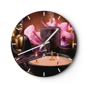 Väggklocka - Klocka på glas - En uppsättning ljus, rökelse och en Buddha-skulptur med rosa blommor - 30x30cm - Rensa hjärnan, lugna ner kroppen - Modern väggdekoration för vardagsrum, kök och sovrum ARTTOR
