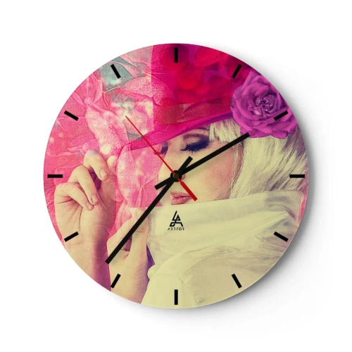 Väggklocka - Klocka på glas - Stiliserat porträtt av en kvinna i nyanser av rosa och vitt - 30x30cm - Retroporträtt i rosa ångor - Modern väggdekoration för vardagsrum, kök och sovrum ARTTOR