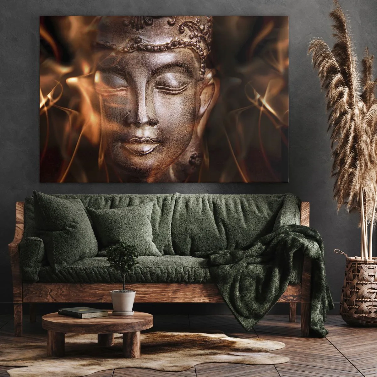 Canvastavla - Bild på duk - En Buddhastaty mitt bland lågor av gyllene nyanser - 70x50cm - Det finns bara här och nu - Modern väggdekoration för vardagsrum och sovrum ARTTOR
