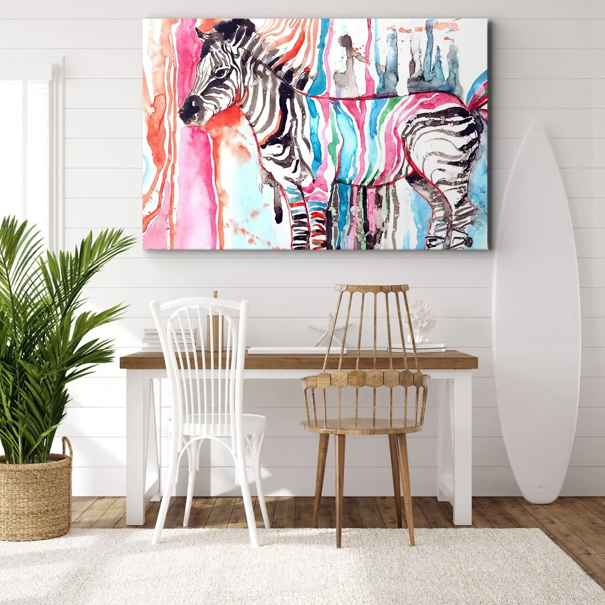 Canvastavla - Bild på duk - En färgglad zebra mot en bakgrund av abstrakta akvarellmönster - 70x50cm - Naturens bekymmerslösa skämt - Modern väggdekoration för vardagsrum och sovrum ARTTOR