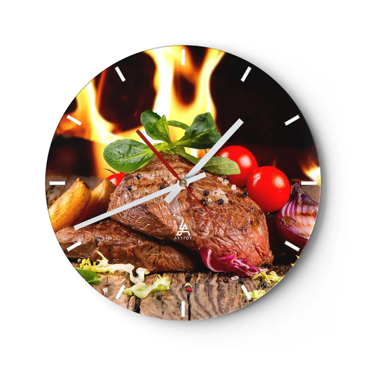 Väggklocka - Klocka på glas - Biff med grönsaker på elden - 30x30cm - Framtrollad med glöd - Modern väggdekoration för vardagsrum, kök och sovrum ARTTOR