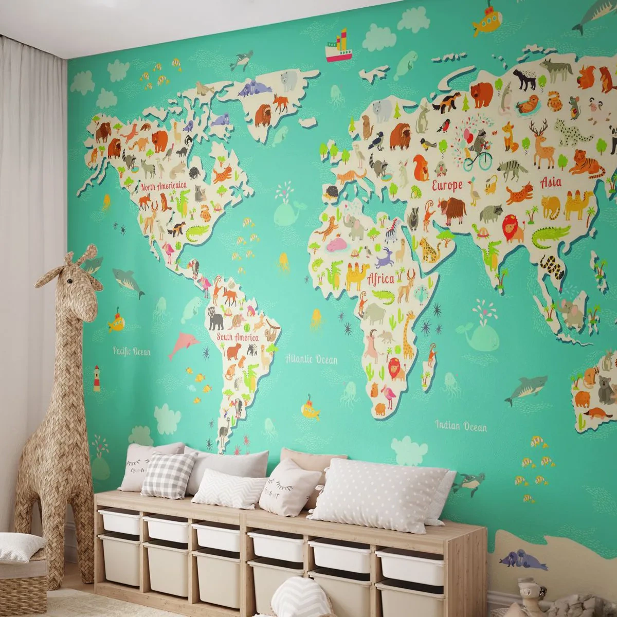 Fototapet Standard Eco - Färgglad världskarta med djurillustrationer - 100x70cm - Vi älskar hela världen - Modern väggdekoration för vardagsrum och sovrum ARTTOR