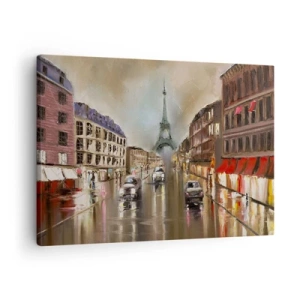 Canvastavla - Bild på duk - Kvällsgatalandskap i Paris med utsikt över Eiffeltornet - 70x50cm - Det är bara tornet som räknas - Modern väggdekoration för vardagsrum och sovrum ARTTOR