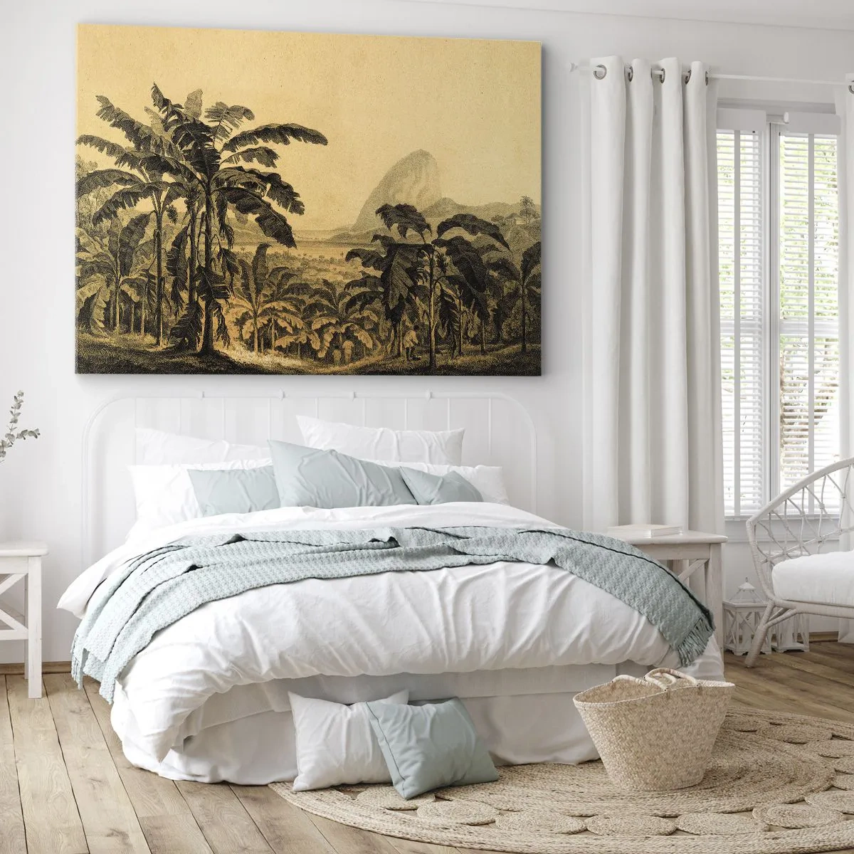 Canvastavla - Bild på duk - Ritning av bananträd mot en tropisk landskapsbakgrund - 70x50cm - I kolonial stämning - Modern väggdekoration för vardagsrum och sovrum ARTTOR