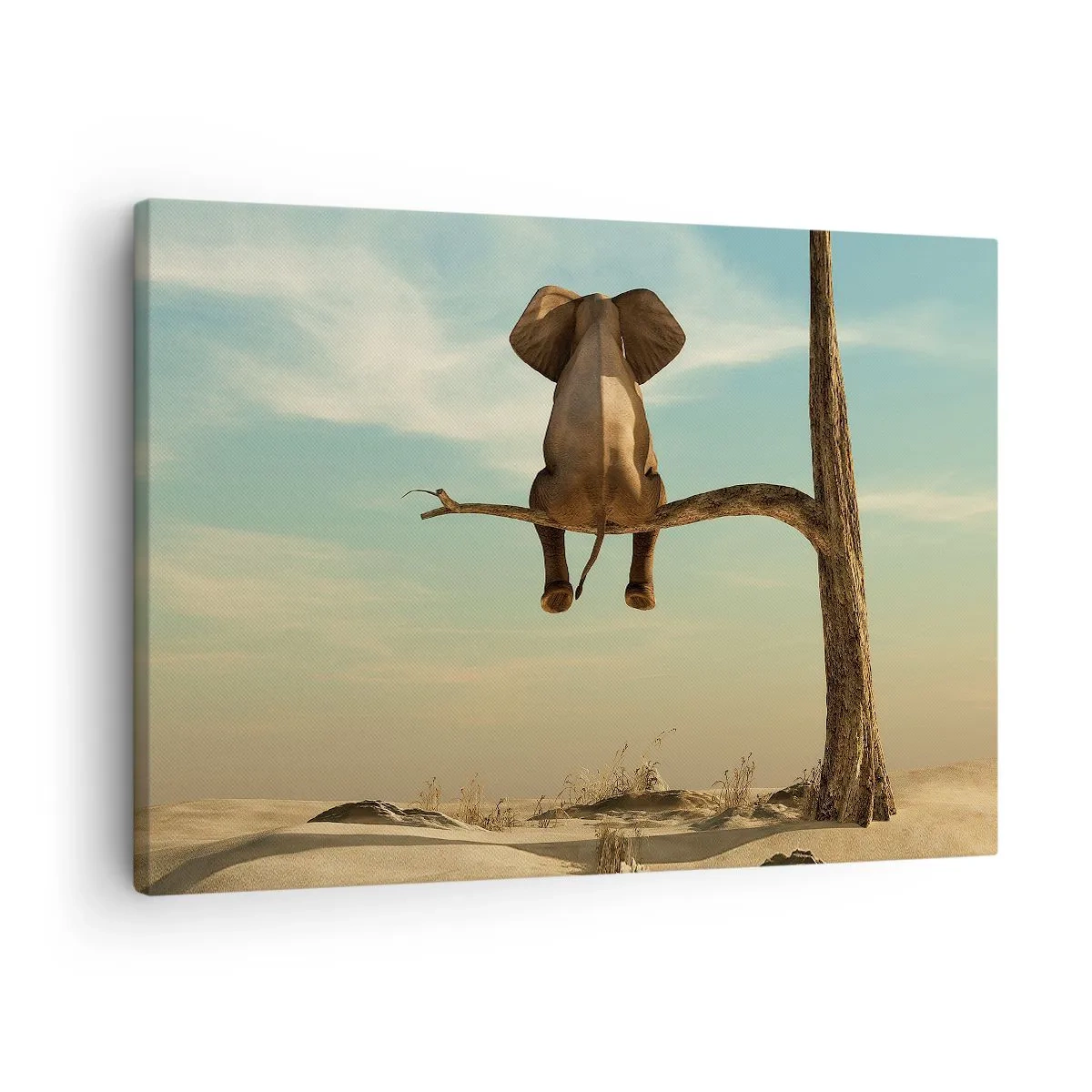 Canvastavla - Bild på duk - En elefant som sitter på en gren med utsikt över ett ökenlandskap - 70x50cm - Ny synvinkel - Modern väggdekoration för vardagsrum och sovrum ARTTOR