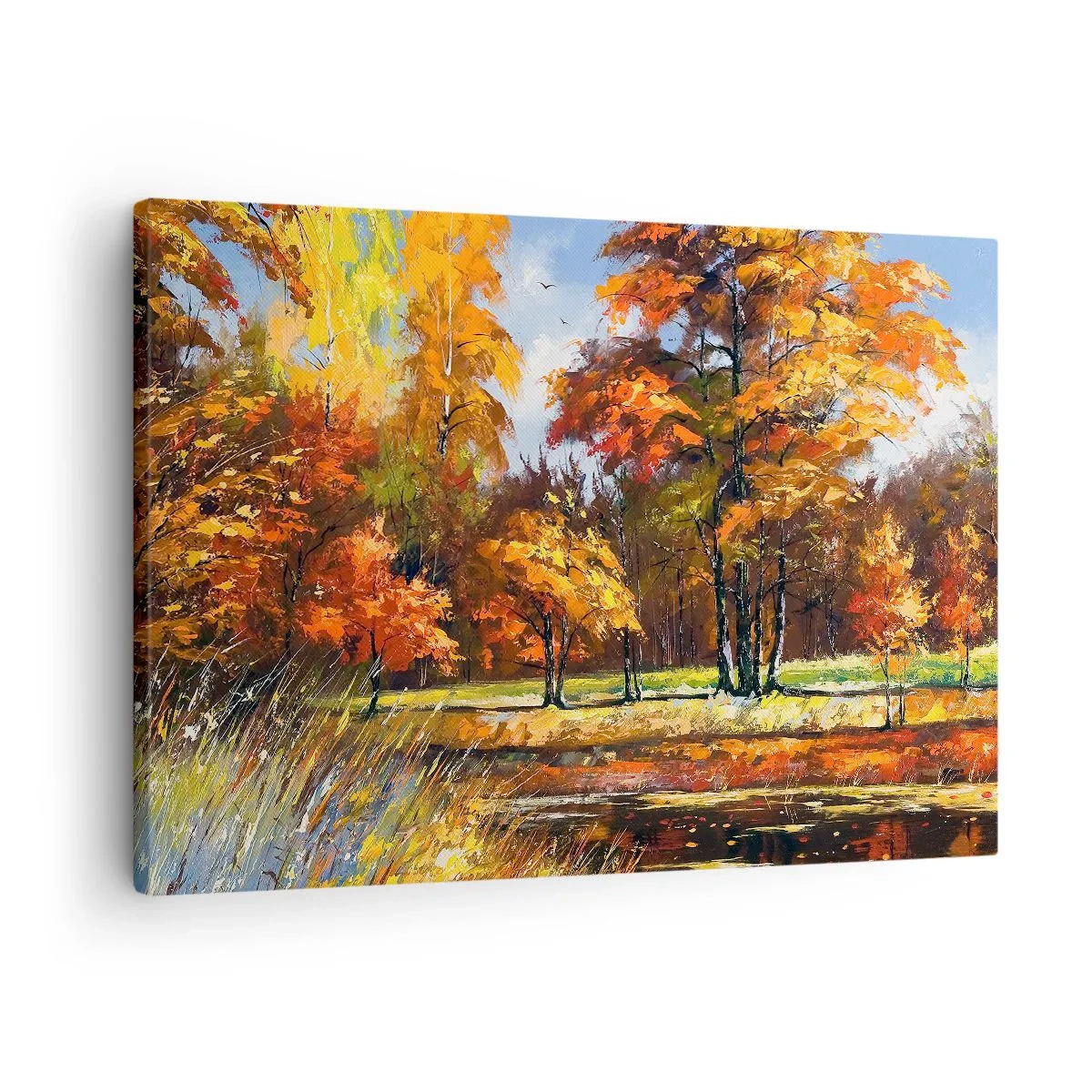 Canvastavla - Bild på duk - Höstlandskap med färgglada träd och en damm - 70x50cm - Landskap i guld och brons - Modern väggdekoration för vardagsrum och sovrum ARTTOR