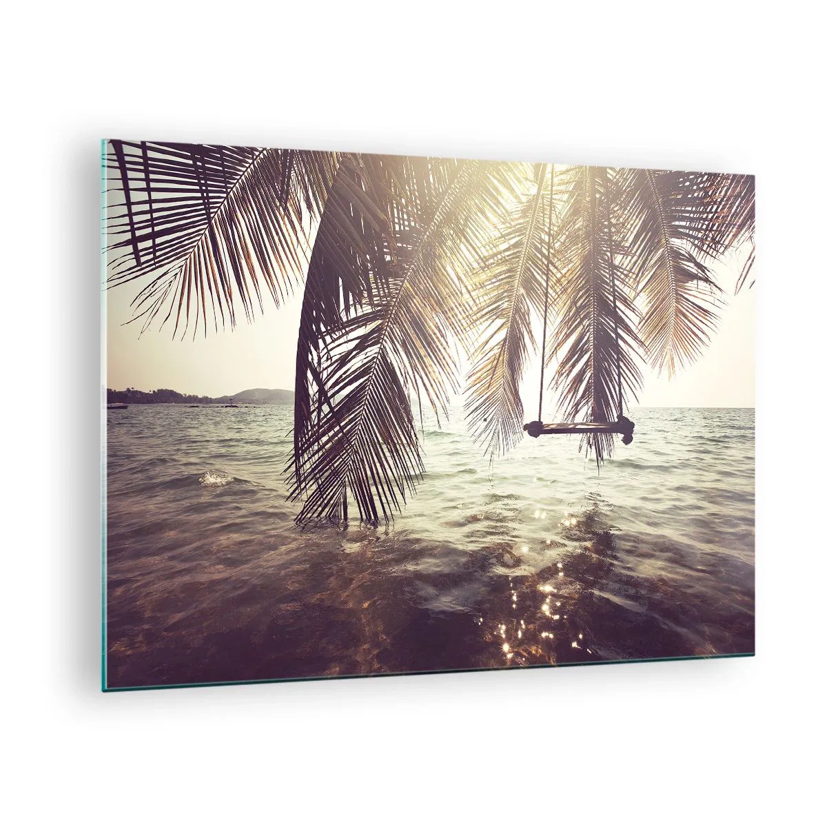 Glastavla - Bild på glas - En strand med palmer och en gunga över ett lugnt hav - 70x50cm - Gunga i molnen hur mycket du vill - Modern väggdekoration för vardagsrum och sovrum ARTTOR