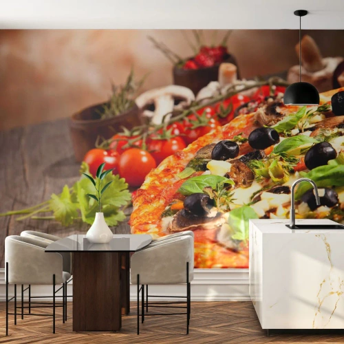 Självhäftande Fototapet Deluxe Sticker - Ingredienser ur jorden - Gastronomi, Pizza, Italien - 400x280 cm