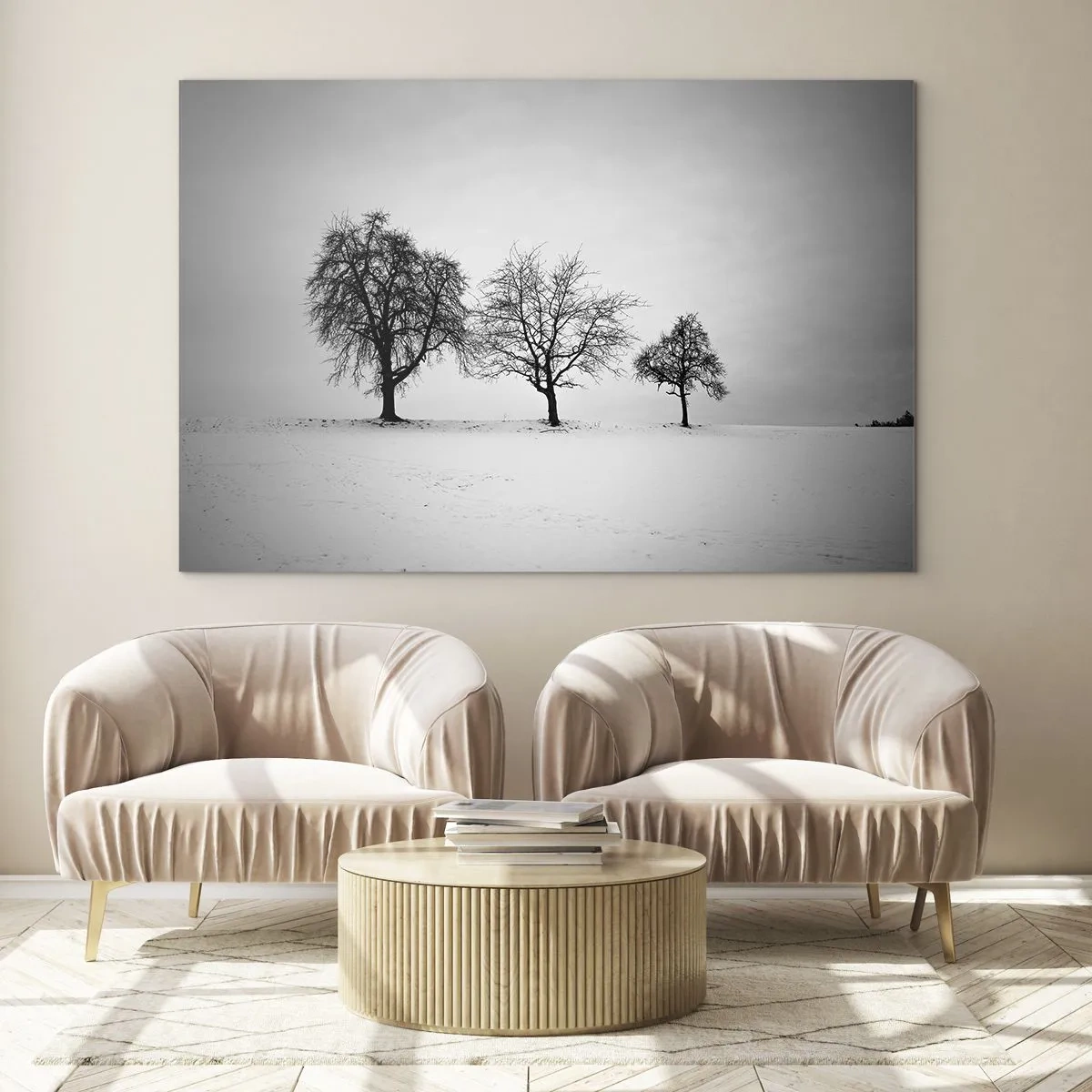 Glastavla - Bild på glas - Tre ensamma träd i ett snötäckt område - 70x50cm - Vad drömmer de om? - Modern väggdekoration för vardagsrum och sovrum ARTTOR
