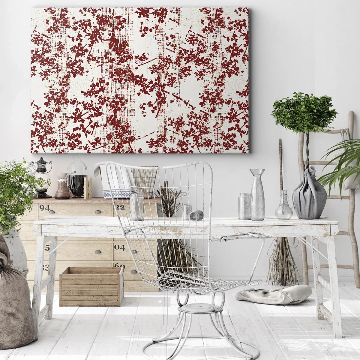 Canvastavla - Bild på duk - Röda blommor på en vit bakgrund i konstnärlig stil - 70x50cm - Som en gammal percale - Modern väggdekoration för vardagsrum och sovrum ARTTOR