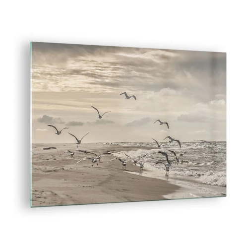 Glastavla - Bild på glas - Fåglar på stranden i gryningen i sepiatoner - 70x50cm - Havets brus, fågelsång - Modern väggdekoration för vardagsrum och sovrum ARTTOR