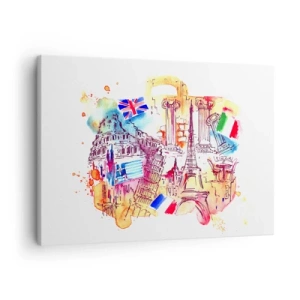 Canvastavla - Bild på duk - Akvarell av europeiska symboler med landsflaggor - 70x50cm - Europeisk turné - Modern väggdekoration för vardagsrum och sovrum ARTTOR