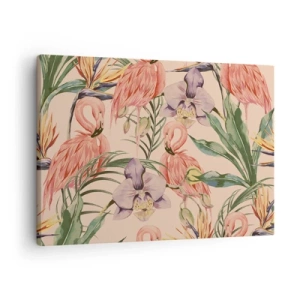 Canvastavla - Bild på duk - Flamingos och tropiska blommor på en ljus bakgrund - 70x50cm - Rosa balett i blommor - Modern väggdekoration för vardagsrum och sovrum ARTTOR