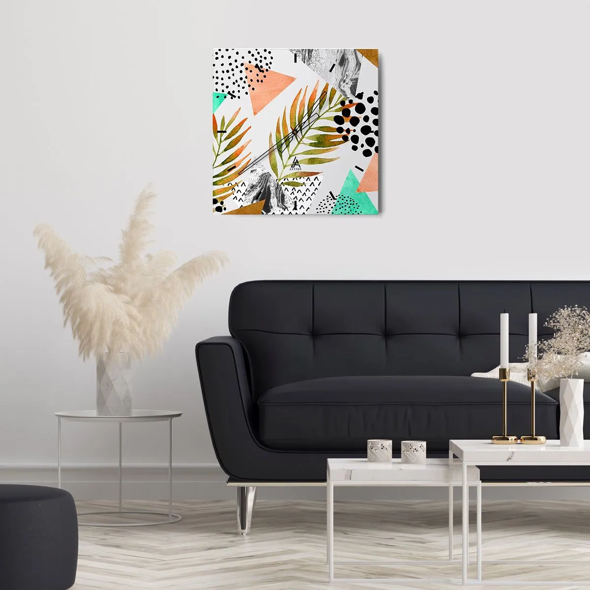 Väggklocka - Klocka på glas - Dekoration med palmblad - 40x40 cm