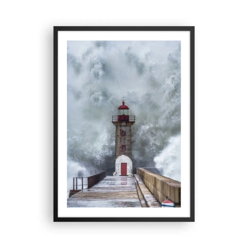 Affisch i svart ram - En fyr omgiven av kraftiga vågor under en storm - 50x70cm - Vattnets vrål, vindens skrik  - Modern väggdekoration för vardagsrum och sovrum ARTTOR