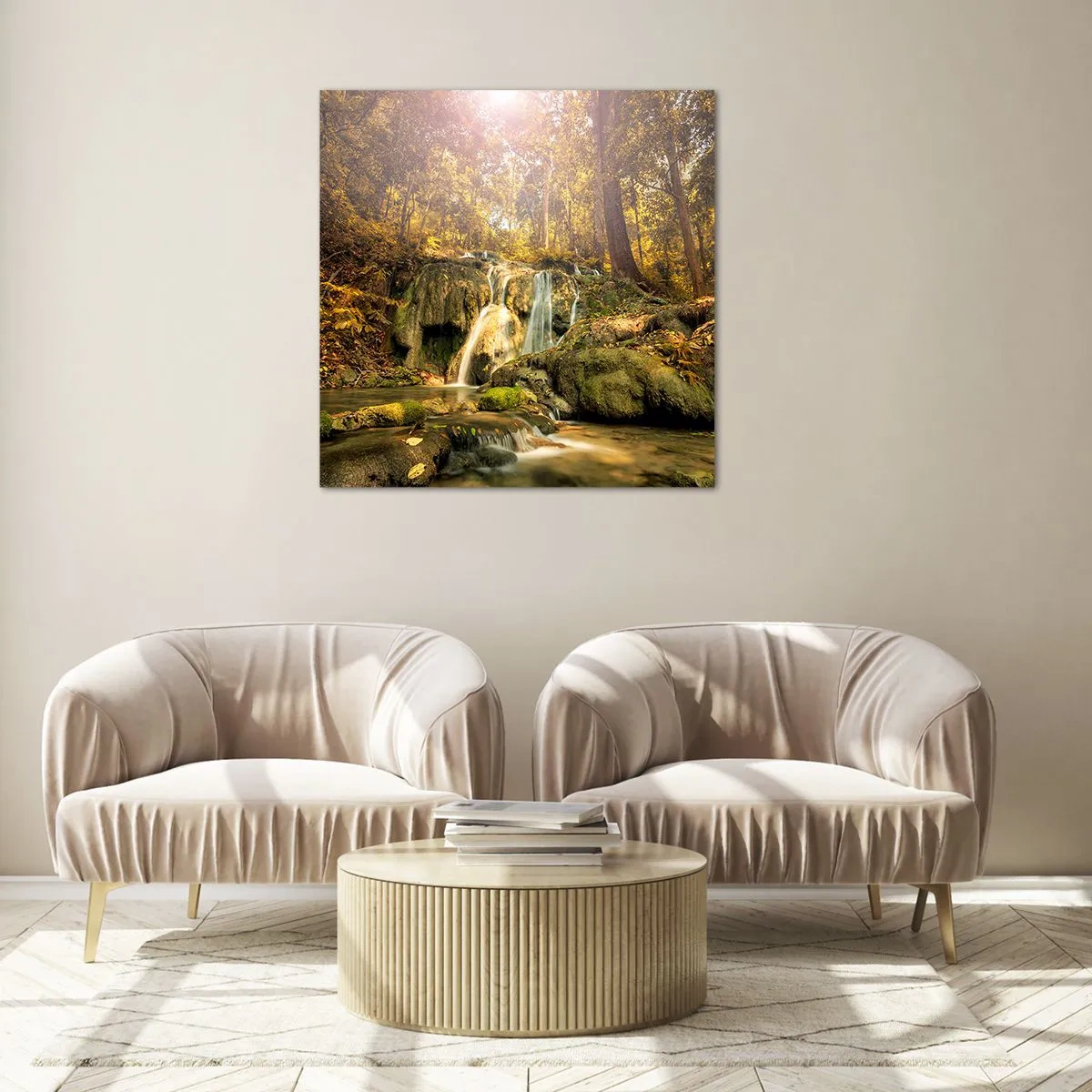 Glastavla - Bild på glas - Skogkaskad i grönt - 40x40 cm