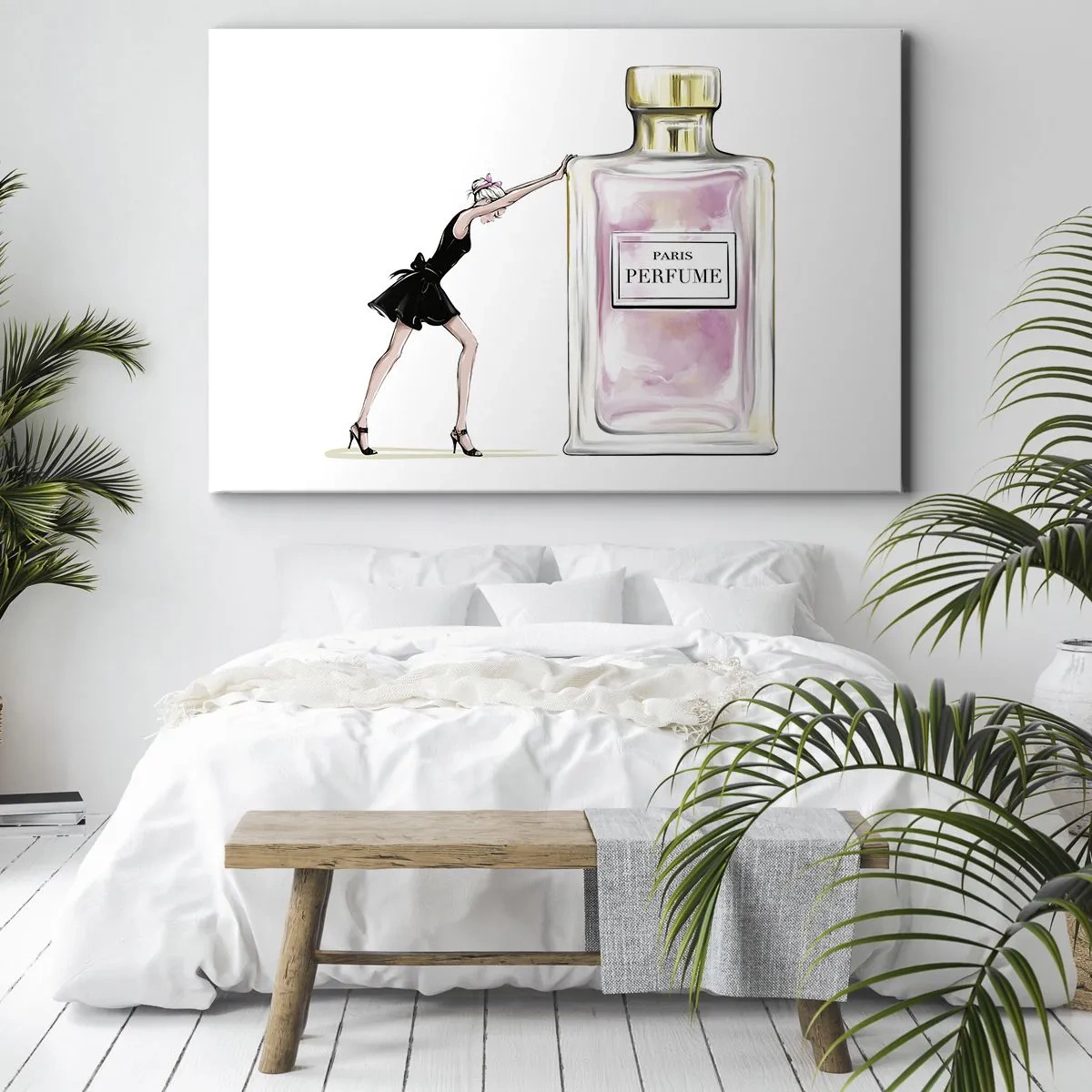 Canvastavla - Bild på duk - En kvinna i svart klänning bredvid en parfymflaska - 70x50cm - Kvinnlighetens kärna - Modern väggdekoration för vardagsrum och sovrum ARTTOR