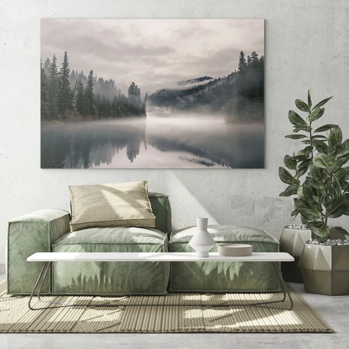 Glastavla - Bild på glas - Morgonutsikt över en sjö i skogen, höljd i dimma - 70x50cm - I förundran, i dimman - Modern väggdekoration för vardagsrum och sovrum ARTTOR