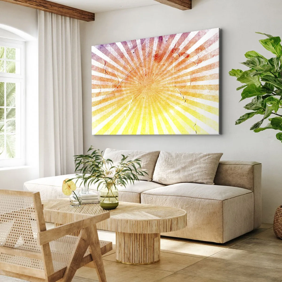 Canvastavla - Bild på duk - Solstrålar i nyanser av orange och gult - 70x50cm - Solupp- och nedgångar - Modern väggdekoration för vardagsrum och sovrum ARTTOR