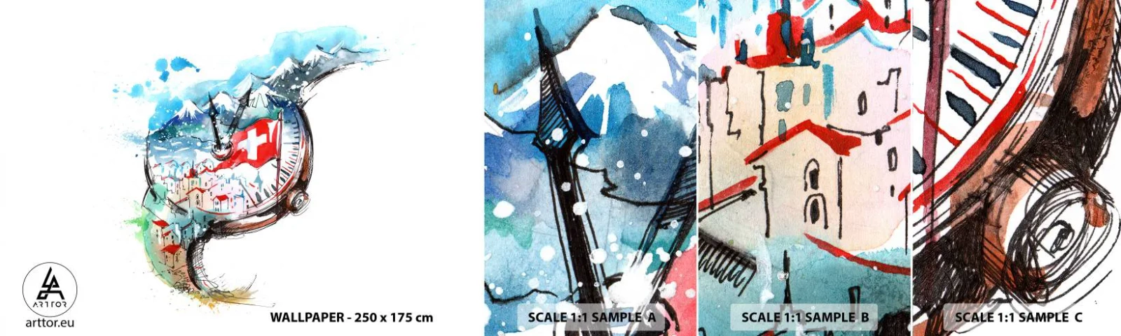 Provbit av självhäftande fototapet Deluxe Sticker - Schweiz anda - Abstraktion, schweizisk klocka, Alperna - 100x30 cm