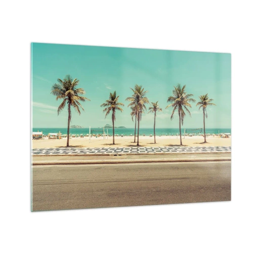 Glastavla - Bild på glas - Palmer på strandpromenaden med stranden och havet i bakgrunden - 70x50cm - På stranden - Modern väggdekoration för vardagsrum och sovrum ARTTOR