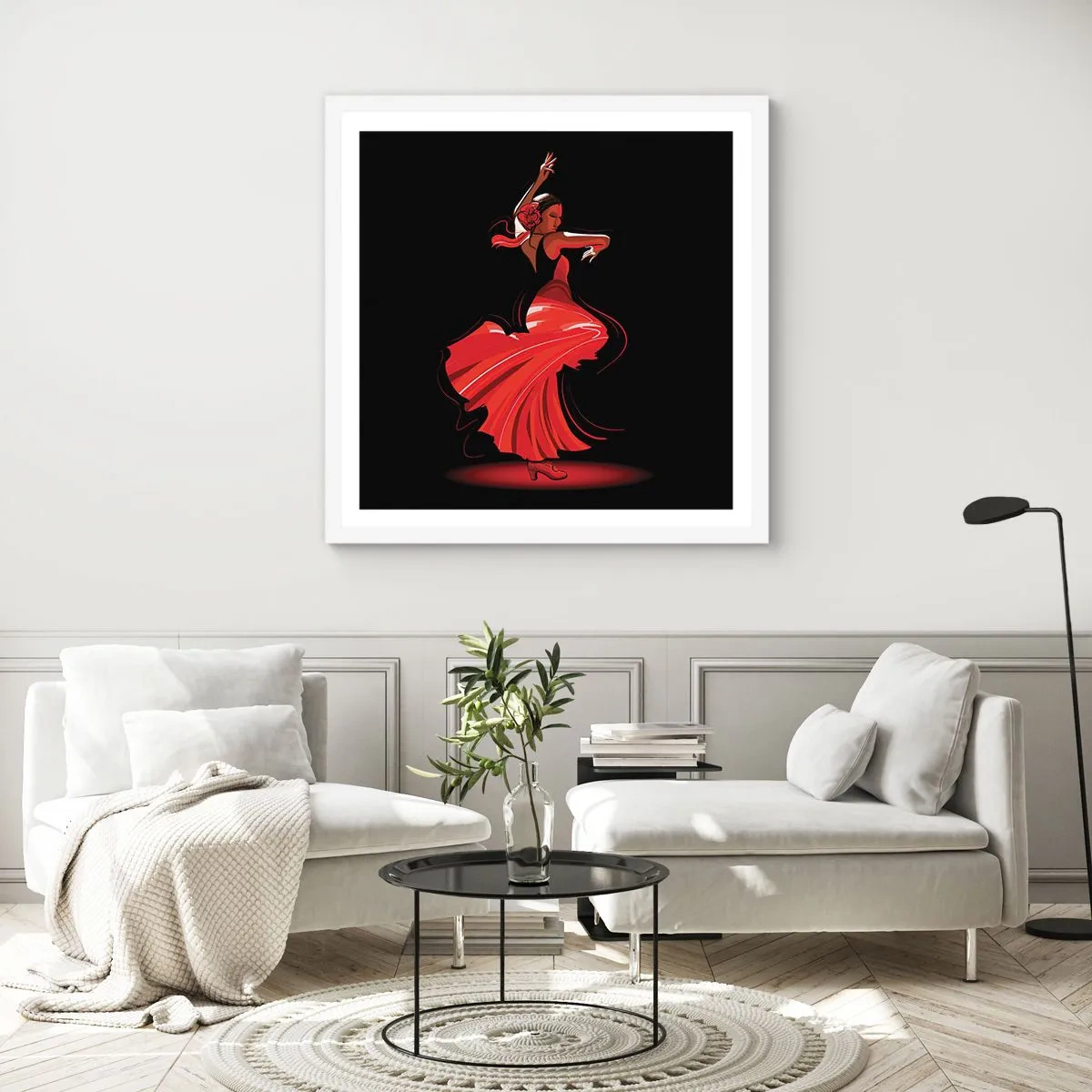 Affisch i vit ram - Flamencos brinnande anda - 40x40 cm