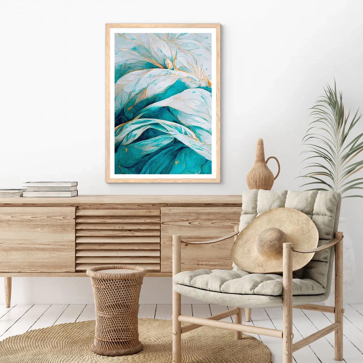 Affisch i ram av ljusek - Blå abstraktion med guldmotiv - 70x100 cm