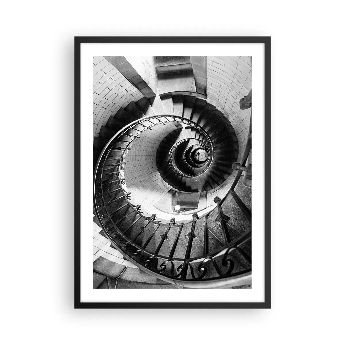 Affisch i svart ram - Spiraltrappa i svartvitt perspektiv - 50x70cm - Högre och högre - Modern väggdekoration för vardagsrum och sovrum ARTTOR