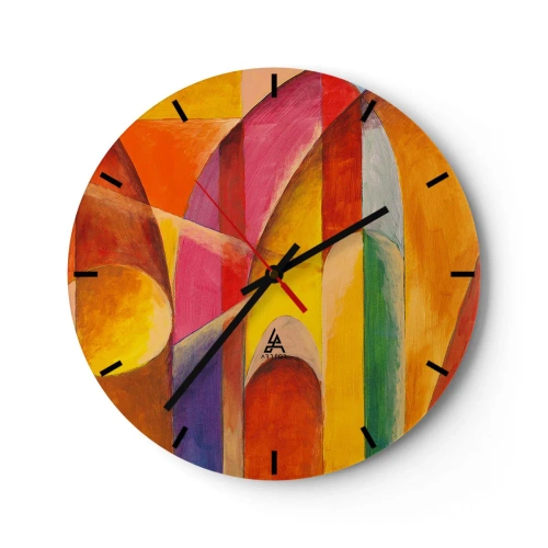 Väggklocka - Klocka på glas - Färgglad abstraktion med geometriska former - 30x30cm - Solens domkyrka - Modern väggdekoration för vardagsrum, kök och sovrum ARTTOR